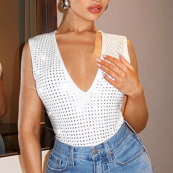 White Glamourous Women's Plunging Neck sparkly Bodysuit - Picture 1 of 5